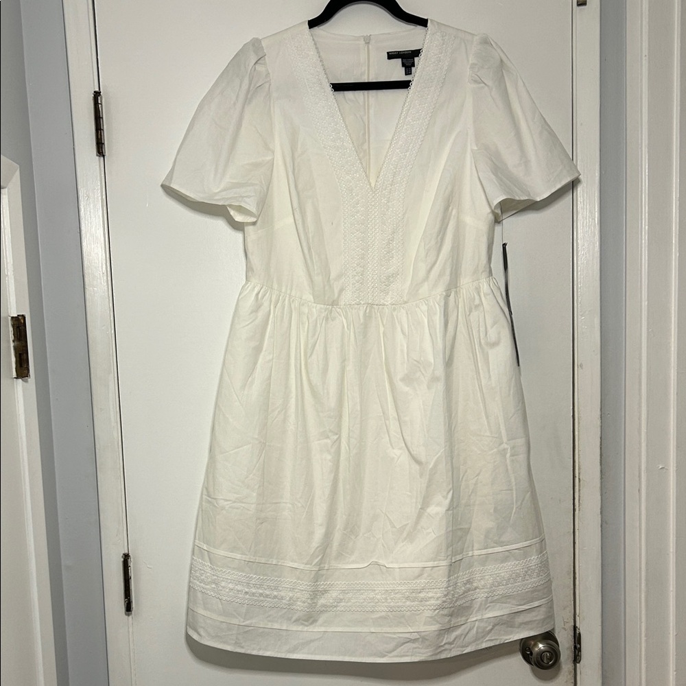 Maggy London Elegant White Lace Embroidered Cotton V-Neck Dress Cottagecore